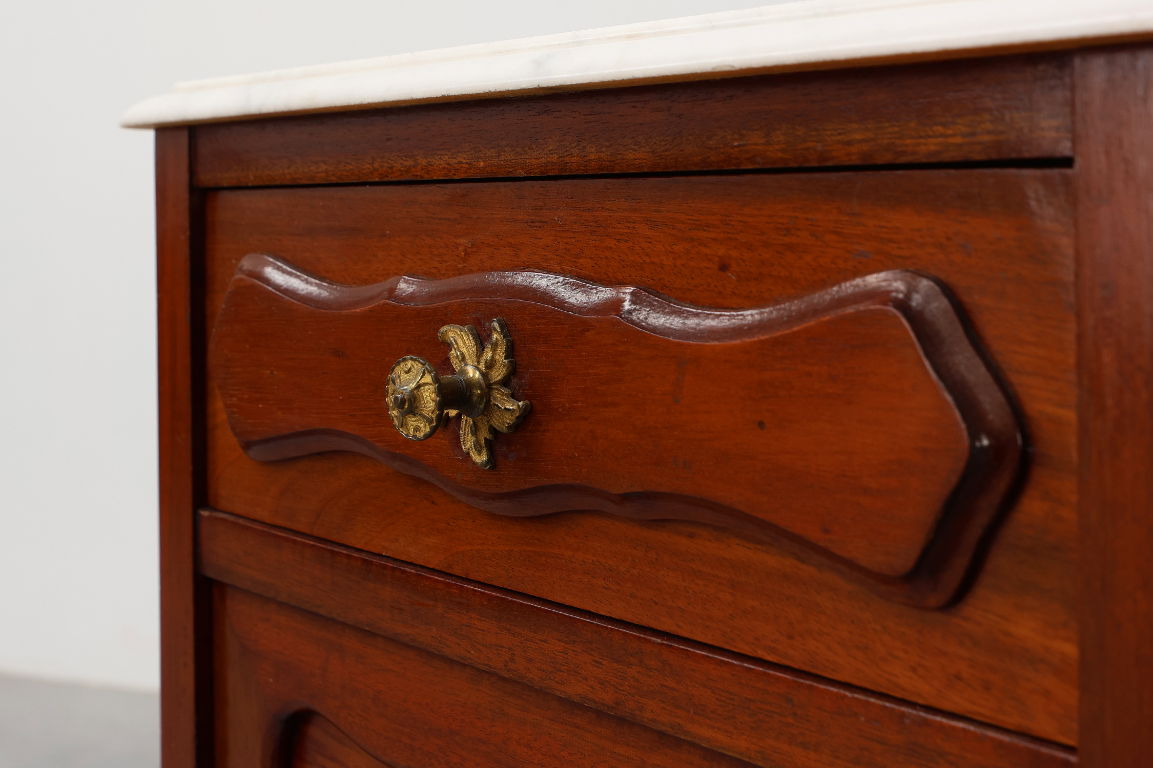 Pair of Walnut Louis XV style nightstands with Carrara marble tops, France ca. 1900thumbnail